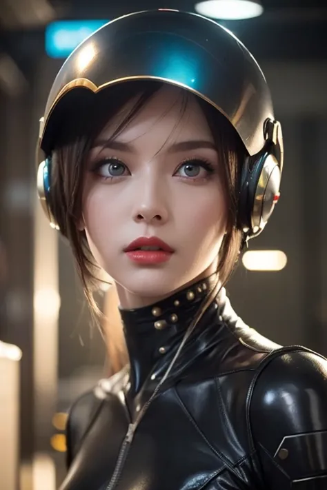  close-up of a woman wearing a futuristic helmet and red lipstick, Cyberpunk Jackie Wells, cgsociety 9,  style for stilets = Retro futuristic ,  beautiful android woman ,   female android ,  retro futuristic fashion , movie「 Blade Runner 」Still image of, F...