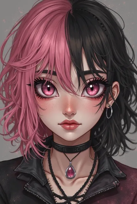 Emo girl with pink and black hair. Posted on instagram. Nose ring and eyebrow piercings. That is Latina. And her clothes are pink and black. Make it more realistic. Make her a ager. And has short hair. 