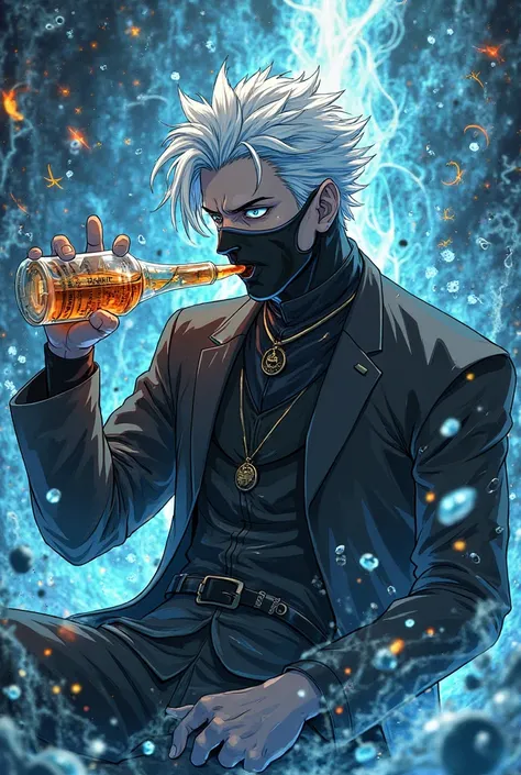 Create a satoru gojo, Style the anime Jujutsu Kaisen, Drinking a bottle of liquor