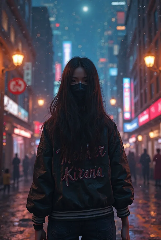 create 3d animation, Long Haired Woman Tied, using a jacket , wearing a mask ,
It says Mother Kirana's name on her jacket,
The streets of the city at night,full of lights