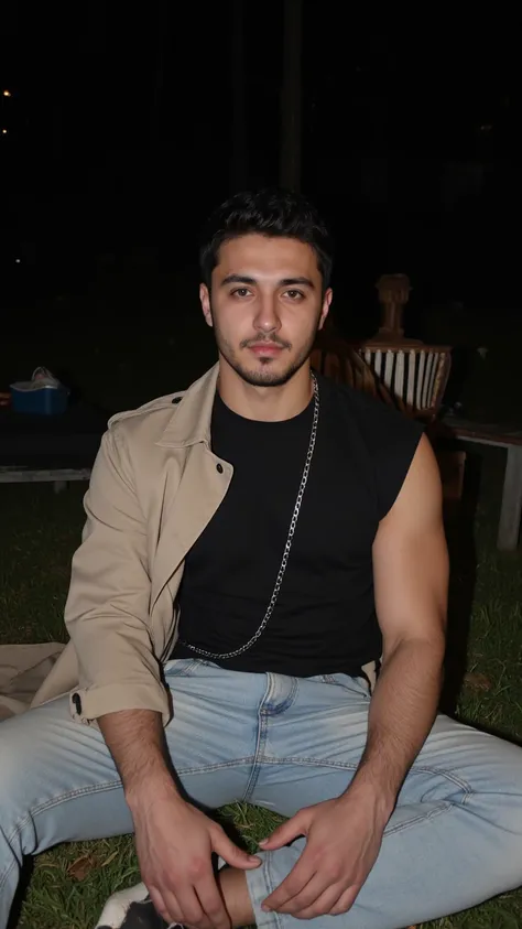 a handsome young turkish guy with muscle, dark very short hair fade and goatee he wearing a black tshirt and a beige trenchcoat , light loose jeans and a thin chain he is outdoor and sit  amateur photo random picture its night and location is germany he ha...