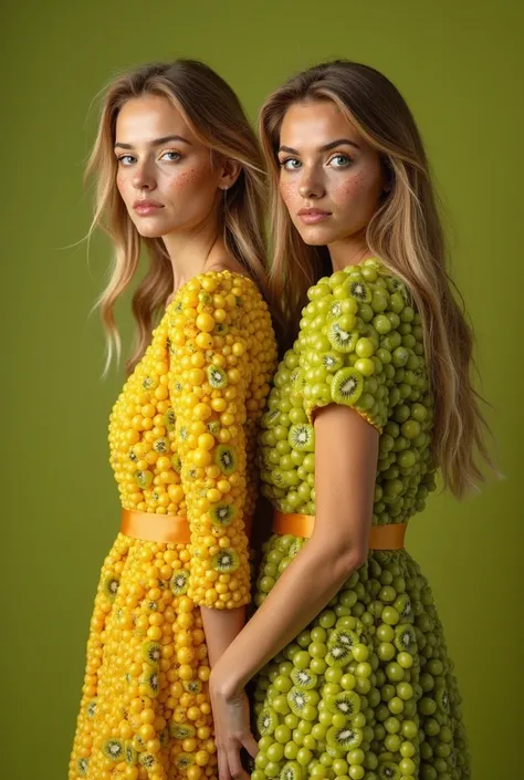 ((best quality)), ((masterpiece)), (detailed),

 Prompt: potoshoot full body wide angle dua orang modelling Rusian woman with freckles in a fully yellow green dress avant garde made of kiwie fruit and brokoli with [hiasan rambut dari potongan buah kiwi ber...