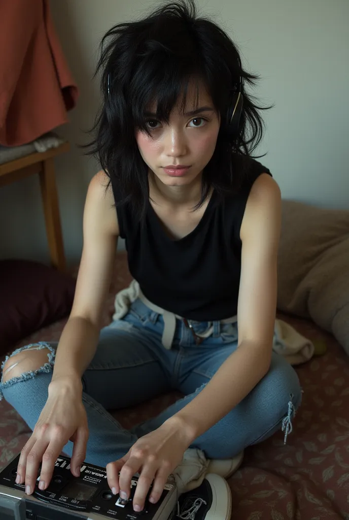 Woman, , medium length dark hair cut with some spikes. White skin, brown eyes outlined with black pencil around the eyes. Upturned nose. Thin mouth with gloss shine. Very thin. Wearing a black sleeveless T-shirt, ripped jeans and a sweatshirt tied at the w...