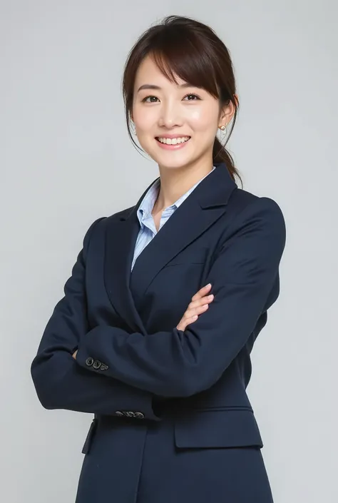 Create a stunning portrait of a very beautiful Japanese actress. She is wearing a business suit and has a slim figure with a small bust. The setting is a professional photography studio, where she stands confidently. The lighting is cinematic, enhancing he...