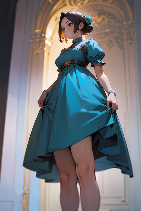 An adult female wearing a noble outfit , she stands in a ballroom wearing a baby blue dress , curvy , perfect detail , masterpiece quality , detailed background 