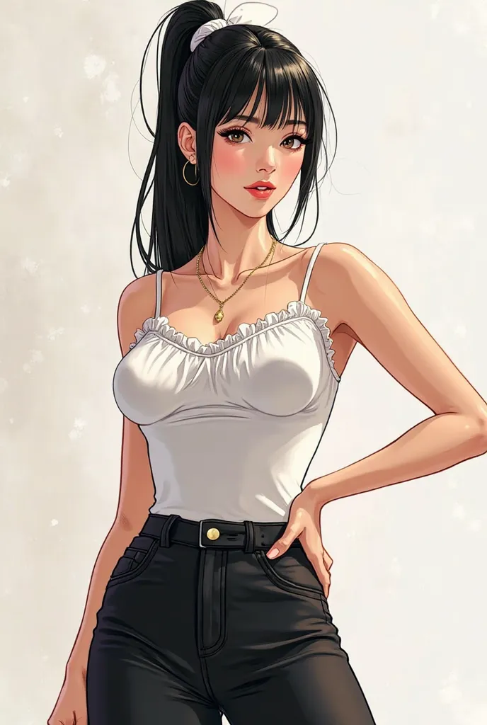 > "A striking young woman in Korean manhwa style, featuring a curvy, well-proportioned figure with a prominent bust and slim waist. She has long black hair tied in a sleek ponytail with a white ribbon, and slightly narrow, confident eyes. She wears a tight...