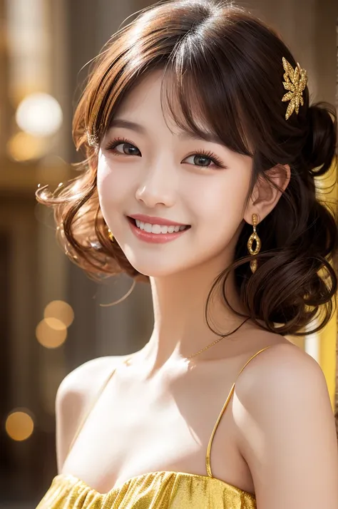 studio shot、Vibrant Portraits of People with Voluminous Curly Hair or Glamorous Updos、yellow dress、 Gold、 Shining Smile 、Spotlight Effects、vivid color、ai model