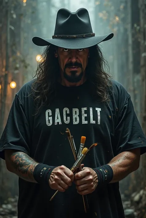 The UNDERTAKER wrestler wearing a t-shirt printed with the name GACBELT and brushes in his hands 