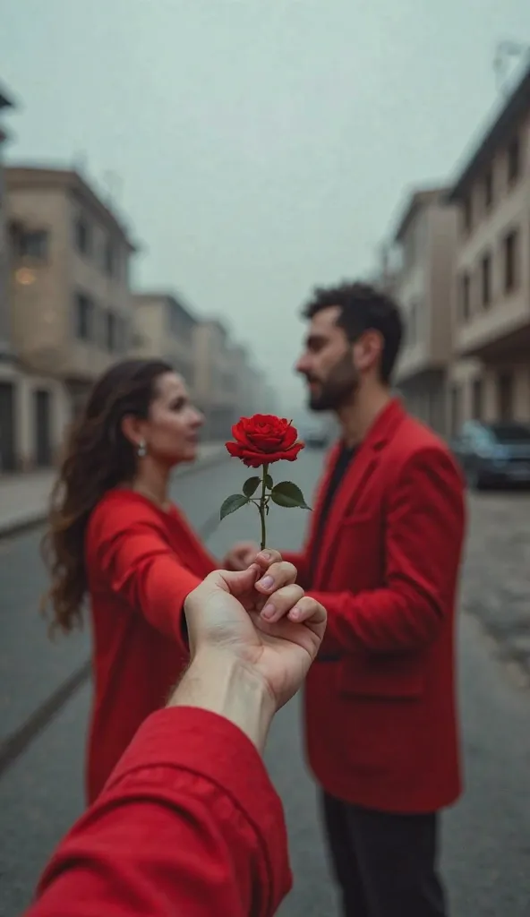 A front view composition where only a man's hand is visible as he extends a rose to a woman. The woman wears a long-sleeved red outfit. The background features gray, faded buildings of Baku, creating a desaturated and muted atmosphere. The entire image is ...