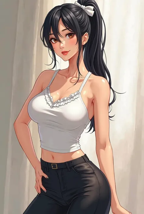 > "A striking young woman in Korean manhwa style, featuring a curvy, well-proportioned figure with a prominent bust and slim waist. She has long black hair tied in a sleek ponytail with a white ribbon, and slightly narrow, confident eyes. She wears a tight...