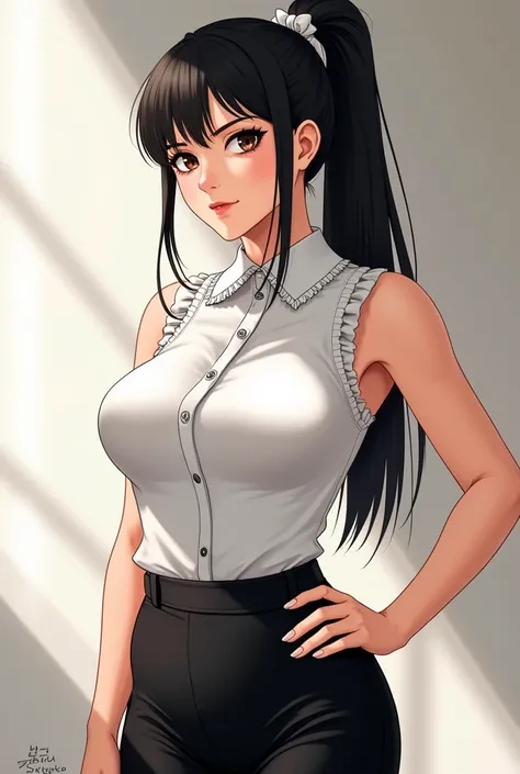 > "A striking young woman in Korean manhwa style, featuring a curvy, well-proportioned figure with a prominent bust and slim waist. She has long black hair tied in a sleek ponytail with a white ribbon, and slightly narrow, confident eyes. She wears a tight...