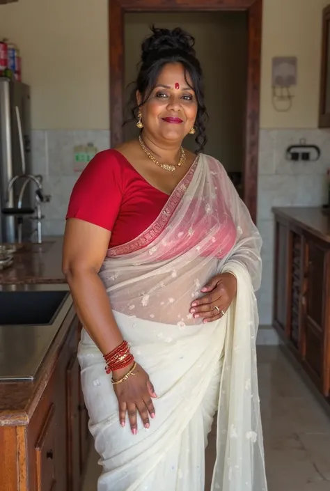  40-year-old married Indian woman looking at the viewer, wearing a long transparent white silk sari made of shiny polyester, shiny and reflective plus size and a red silk blouse , big fat ass,wide hips,big thighs, Big Chest Picked Up, voluptuous body,Fat a...