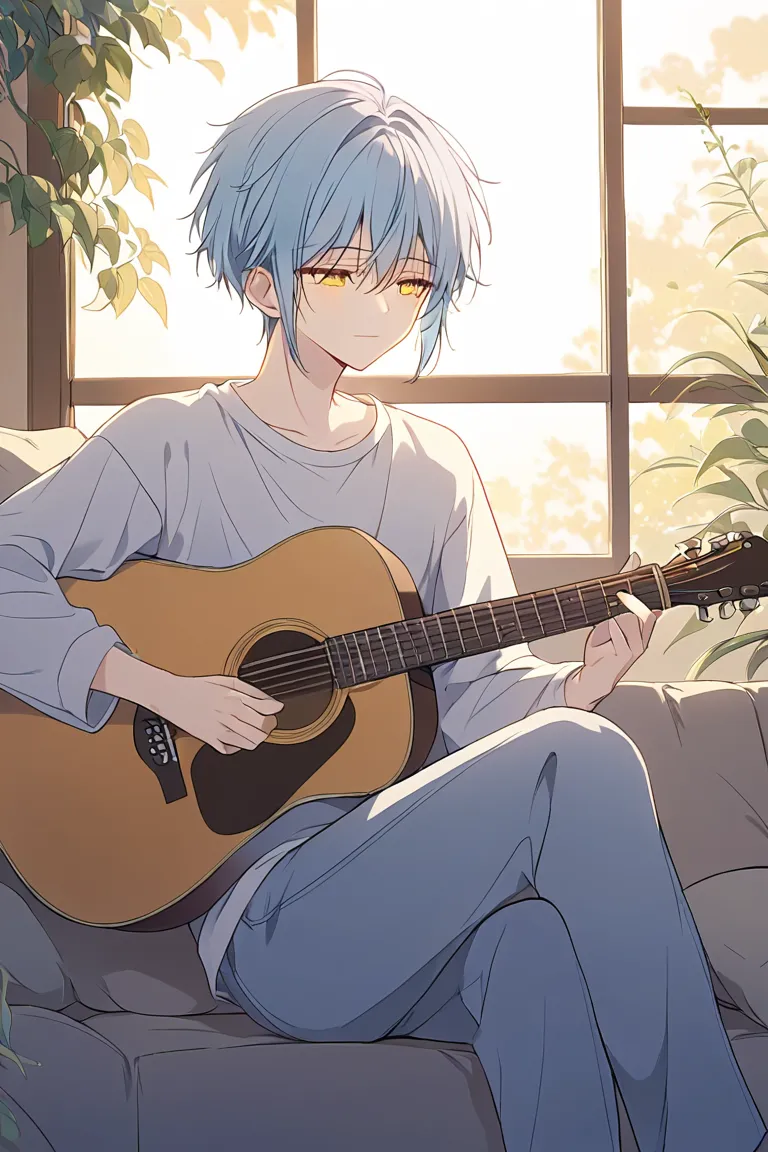 young androgynous boy, anime, light blue hair and yellow eyes, wearing casual clothes, playing acoustic guitar, cute boy, femenine, medium lenght hair, relaxed, enjoying music, nostalgic theme, 