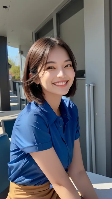 smiling woman in blue shirt sitting at a table