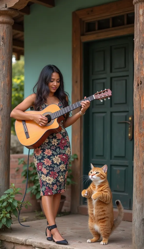 Beautiful Javanese woman with thick long hair , Busty busty body wearing pencil dress is playing guitar on the porch of a modest country house alongside a standing cat clown who also plays guitar, portrait, 4K, HD