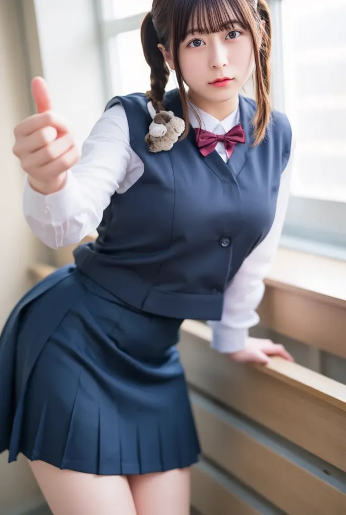 1 girl,lean forward,perfect hands,(panty pull:1.5), school uniform,ponytail, navy blue blazer,pleated skirt with index finger,stick out your tongue, looking down and sleepy , school background, Warm sunset light , bright and vibrant atmosphere,detailed fac...