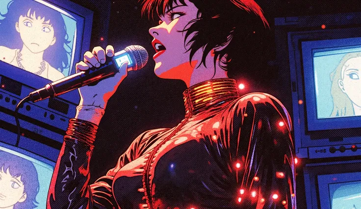 Close-up of a future idol with a holographic microphone, dressed in a latex suit and LED lights, singing on a stage with CRT screens showing her image in low resolution. Vintage anime style with neon colors.