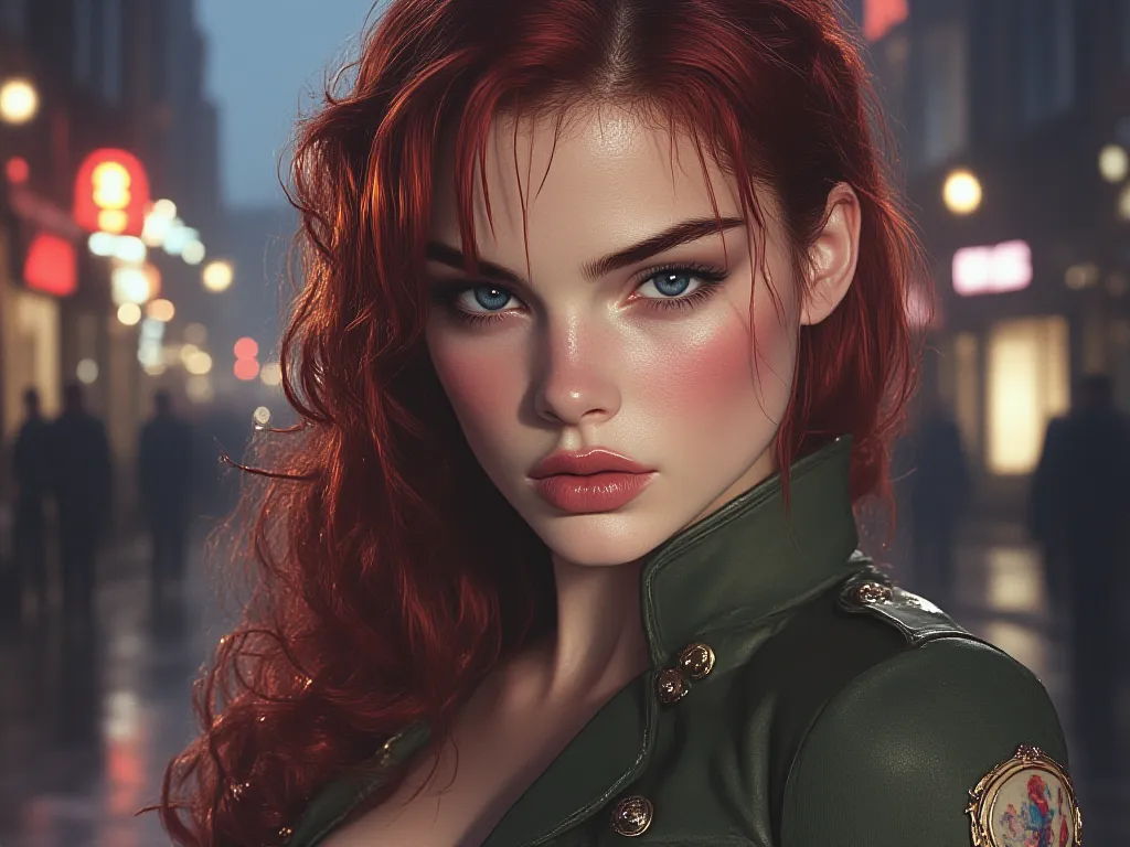  a beautiful woman with European features  ,   long wavy dark red wet hair ,    dazzling gray eyes on her face   , soft white skin,   blushed cheeks  ,   wears a green military uniform, tight breasts , voluptuous waist, Big breasts,  long and voluptuous le...