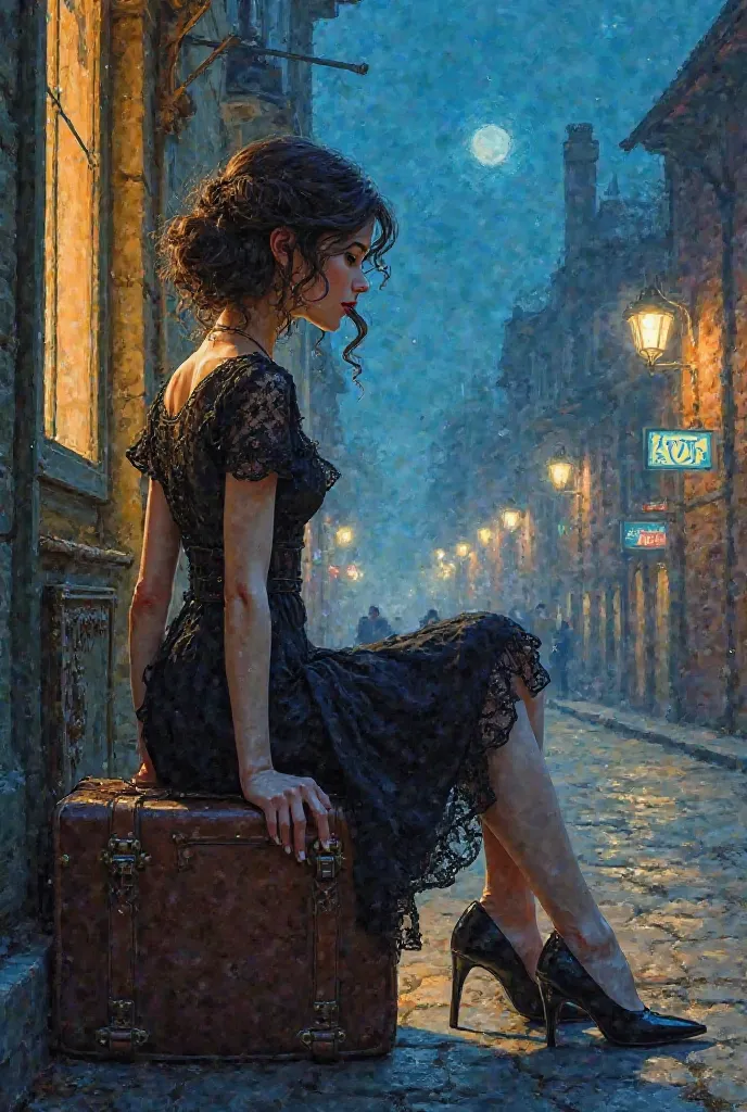 peinture à l'huile très détaillée, style art Anime/Fantasy, éclairage doux et éthéré. une femme steampunk assise sur une valise en cuir devant une rue steampunk de nuit avec des montgolfières. Elle porte une robe courte noire en dentelle ornementé  de lait...