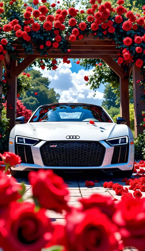 A white Audi sports car is positioned in the center-middle ground of the image, the scene from the back of the car, The car is surrounded by a dense cluster of vibrant red roses, which are in sharp focus in the foreground and slightly blurred in the mid-gr...