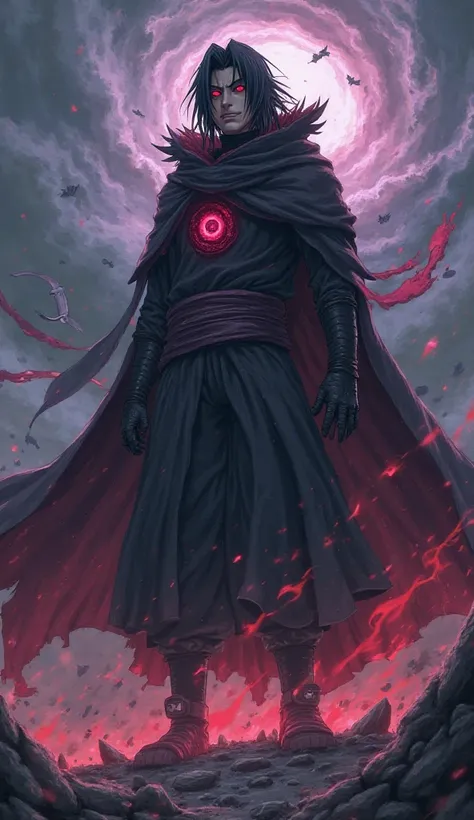 "Design a hybrid character that seamlessly combines the features of Itachi Uchiha and Madara Uchiha into a single, monstrous being. The figure should have a terrifying appearance, with the Sharingan and Rinnegan eyes both present in their sockets, one red ...