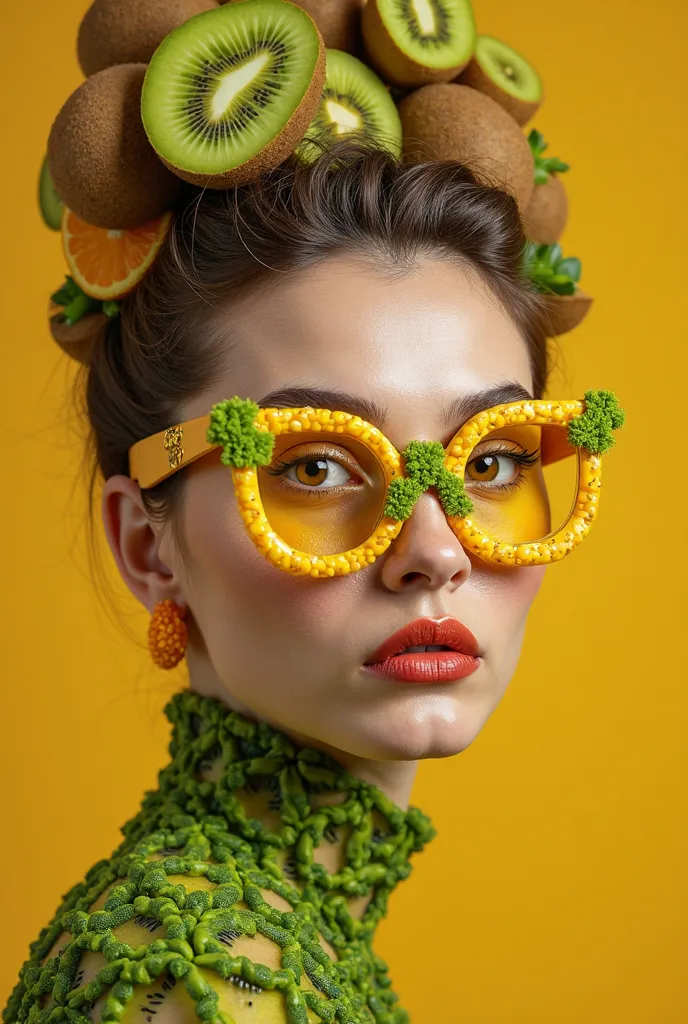 ((best quality)), ((masterpiece)), (detAIled),

 Prompt: potoshoot full body wide angle dua orang modelling Rusian woman with freckles in a fully yellow green dress avant garde made of kiwie fruit and brokoli with [hair ornaments from pieces of green kiwi ...