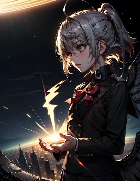 1girl, beautiful girl, white hair, long pigtails, red pupils, school girl, school uniform, blazer, brown blazer, red ribbon, modern, braid, eyes without highlights, hatred, night view, backlight, black aura, large black hole in the sky, fallen angel, crack...