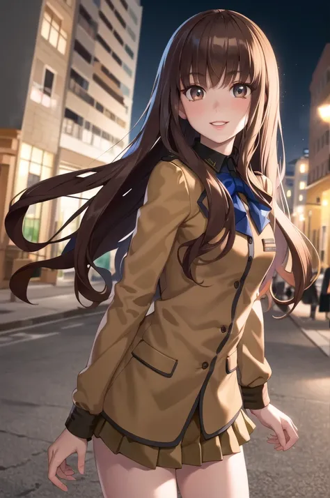 masterpiece, Highest quality, High Resolution, ,  Blue Bow  tie,  Blue Bow  ,  brown skirt, brown jackets, Black Panty Hose,  school uniform, cowboy shooting, street, standing,   night 