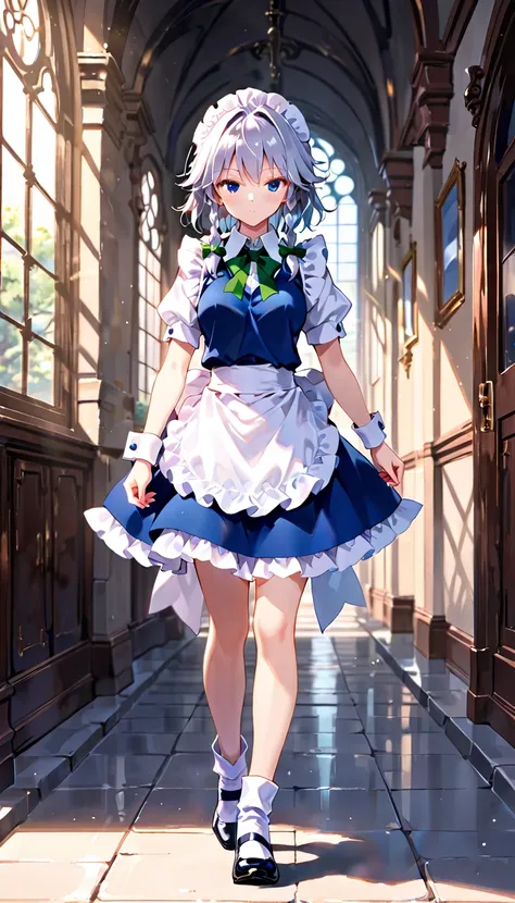 high resolution, 1girl, izayoi sakuya, closed eyes, blue eyes, wrist cuffs, full body, looking at viewer, bow, walking,