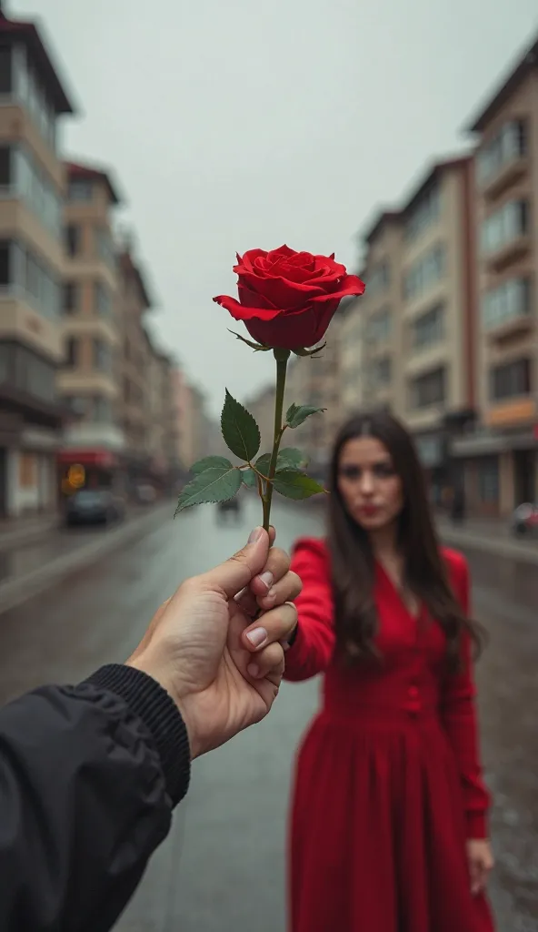 A front view composition where only a man's hand is visible as he extends a rose to a woman. The woman wears a long-sleeved red outfit. The background features gray, faded buildings of Baku, creating a desaturated and muted atmosphere. The entire image is ...