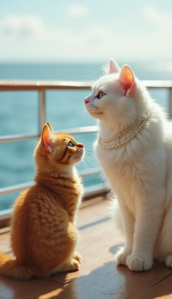 (Ultra realistic), "A fat orange street cat with scruffy fur and bright eyes stares in awe at a beautiful white Persian cat wearing a tiny pearl necklace. They stand on the ship’s elegant deck, with the ocean stretching behind them. Their tails are slightl...