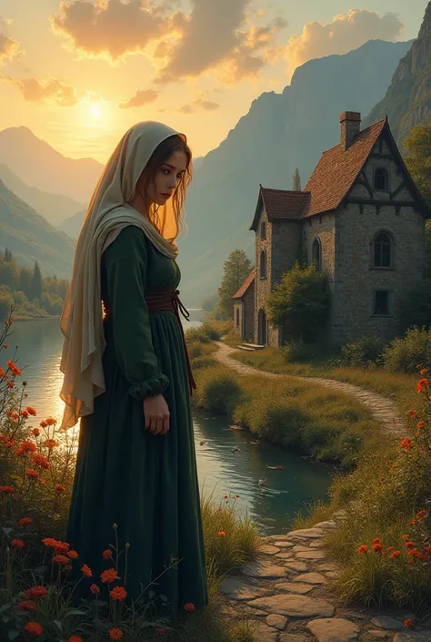 A small town by the riverImagine an image in mysterious, with a young peasant woman from the middle ages, dressed in a simple and worn costume, with a veil covering her hair. with a sad and lost look.   behind her, you see a ruined medieval village, with a...