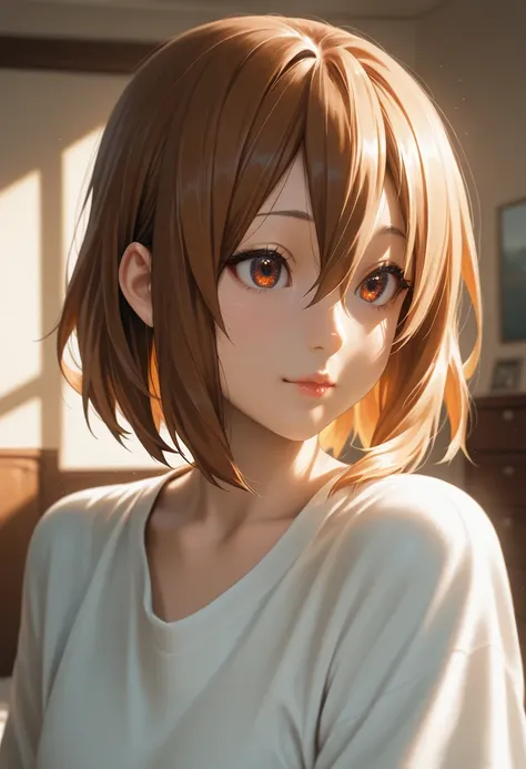 masterpiece, best quality, vibrant, very aesthetic, high contrast, photorealistic portrait,beautiful detailed face,detailed texture,detailed skin, newest, 1girl,k-on!,source_k-on!,azusa nakano,shirt,room,realistic lighting
