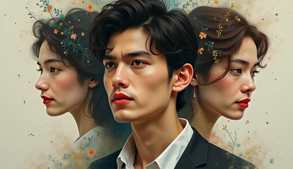 "An artistic portrayal of a handsome 25-year-old man with striking, refined features, deep in thought. His expression is introspective and serene, as he contemplates two women, both represented in contrasting styles to emphasize their differences. One woma...