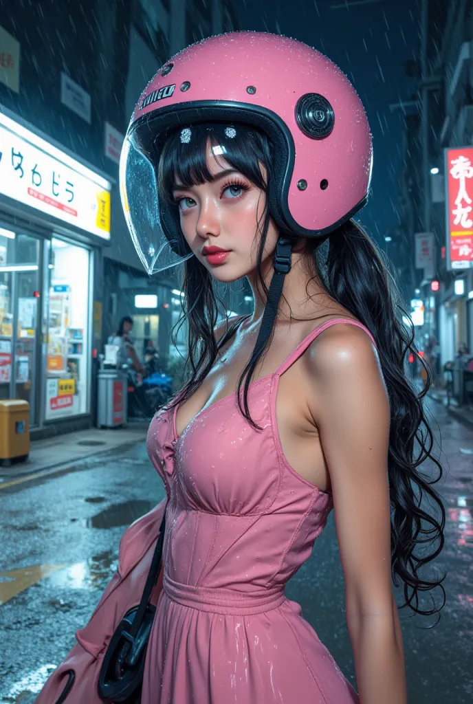 very beautiful girl, at convenience store at night, dramatic scene, masterpiece, (upper body:1.3), clear helmet visor, ((visor down)), ((lowered visor)), (((((visor covering face))))), raining, water on visor, beautiful eyes, ((pink Shoei scooter helmet)),...