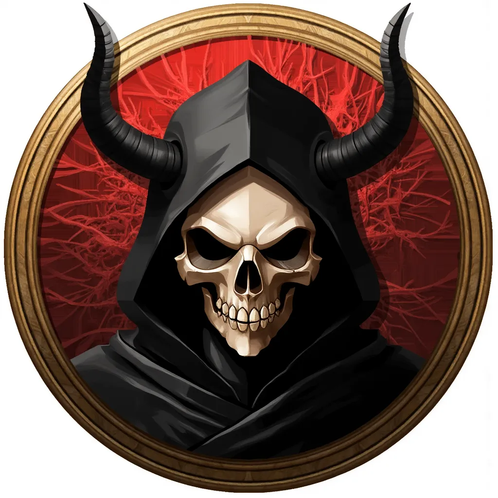 stylized icon of a hooded skull shadow demon with long horns on red disc with transparent background