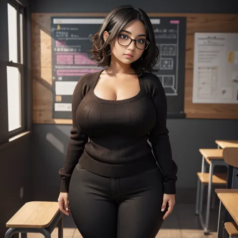 timid short petite cute slightly chubby raven nyuugao Mexican geeky emo , short slightly wavy hair, cute detailed brown eyes, cutely detailed lips, cute highly detailed eyes and face, voluptuous breasts, thin thighs, chubby wide hips, long sleeve sweater t...