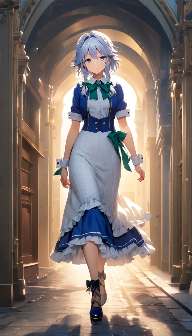 high resolution, 1girl, izayoi sakuya, closed eyes, blue eyes, wrist cuffs, full body, looking at viewer, bow, walking,