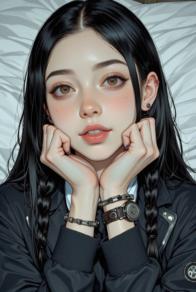  Manga Style:1.51,   anatomically accurate  :1.5,    close-up,  眉に届くほどの長い   black hair ,  full body portrait，  Light Eyes ,   Surrealist pop  ,   looking at the camera  ,    日本のSurrealist pop   ,    be careful with long hair with braids   ,      black hair...