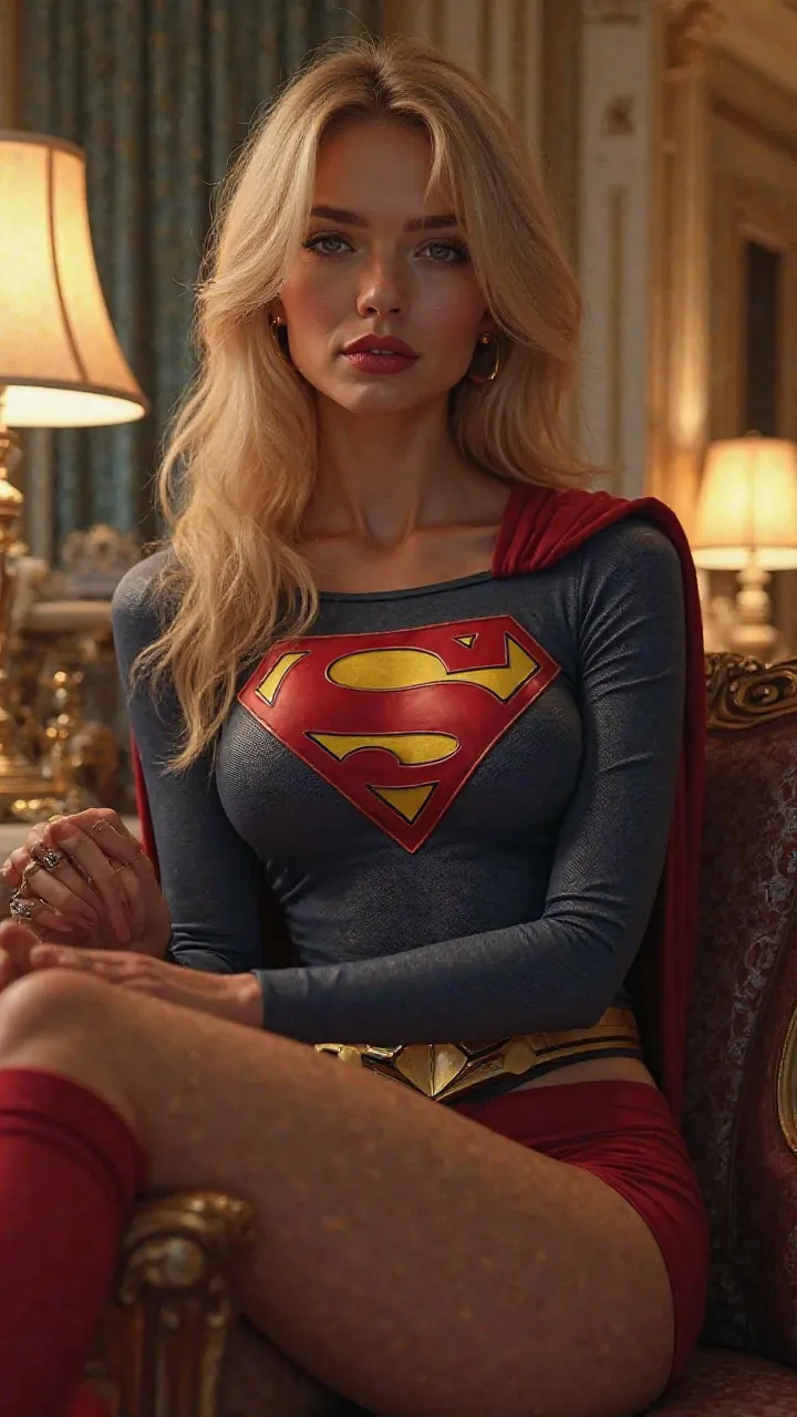  a young woman with blond hair , with big sixes and big ass , Wearing a sexy Supergirl outfit , doing a very sexy pose sitting on a chair inside your luxury apartment 