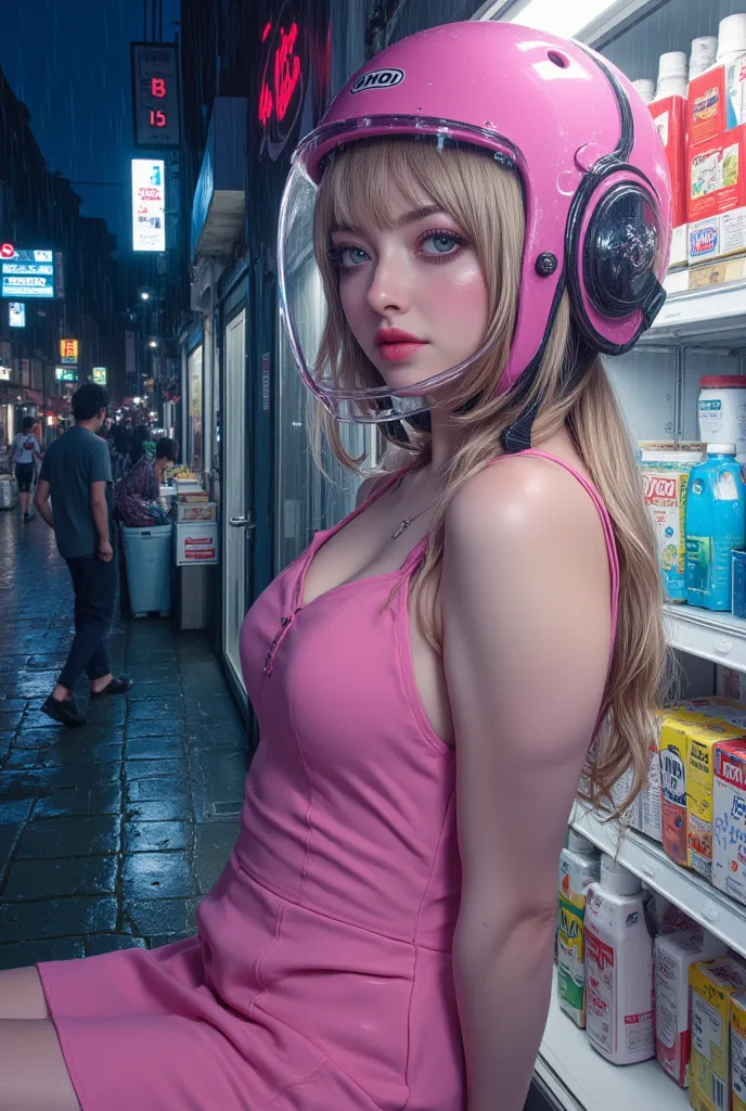 very beautiful girl, at convenience store at night, dramatic scene, masterpiece, (upper body:1.3), clear helmet visor, ((visor down)), ((lowered visor)), (((((visor covering face))))), raining, water on visor, beautiful eyes, ((pink Shoei scooter helmet)),...