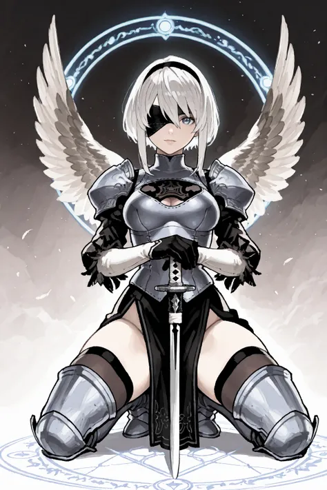 Masterpiece, best quality, 2women, (Lenneth from Valkyrie Profile\knee-length white hair, hair tied at the bottom, silver helmet, winged helmet, blue and silver breaatplate, crotch curtain, blue armour boots, spear in hand), (YorHa 2B\white hair in a bob s...