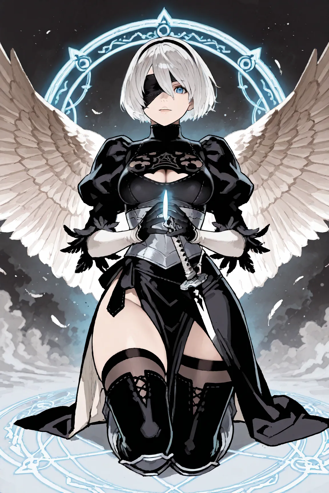 Masterpiece, best quality, 2women, (Lenneth from Valkyrie Profile\knee-length white hair, hair tied at the bottom, silver helmet, winged helmet, blue and silver breaatplate, crotch curtain, blue armour boots, spear in hand), (YorHa 2B\white hair in a bob s...