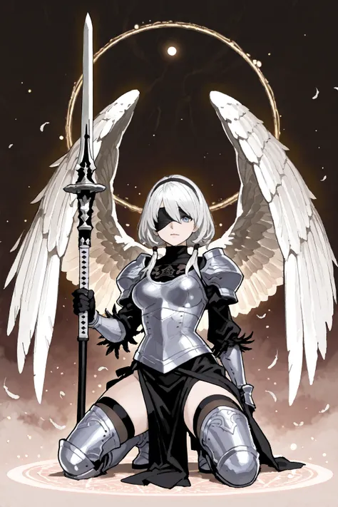 Masterpiece, best quality, 2women, (Lenneth from Valkyrie Profile\knee-length white hair, hair tied at the bottom, silver helmet, winged helmet, blue and silver breaatplate, crotch curtain, blue armour boots, spear in hand), (YorHa 2B\white hair in a bob s...