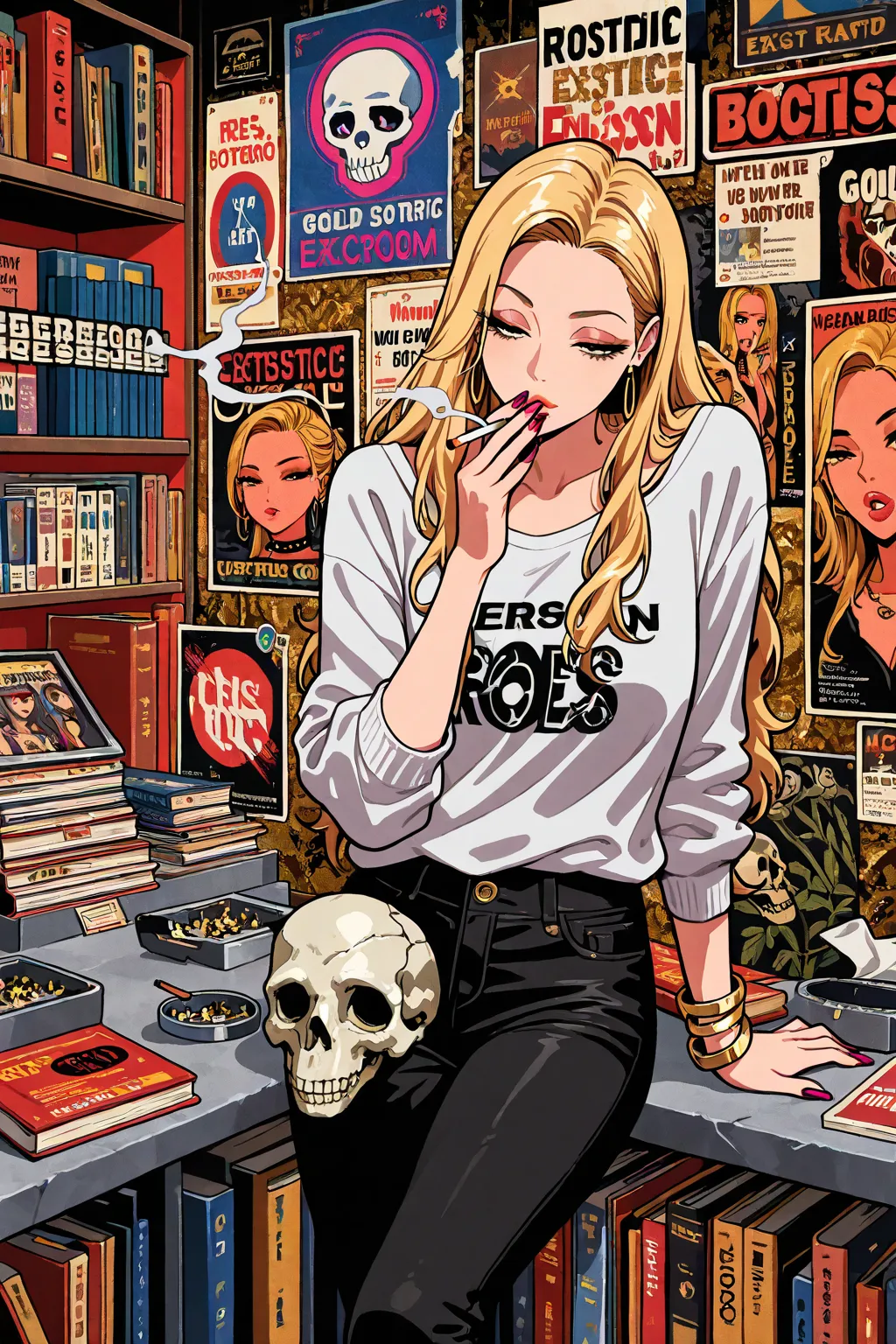 gyaru,  European beauty, gold hair, woman hair style, slender body, half-closed eyes, rest, metal-band exotic fashion, books store motif room, feet out of frame, smoking, 1cigarette, poster, geometric  art, upper  body, background skull and roses art, 1ash...