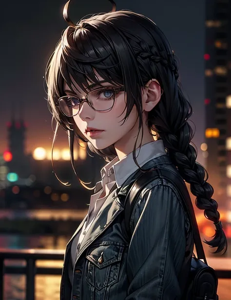 extreamly perfect beautiful anime face,maximum details face, 1girl, braid, glasses, long_hair, black_hair, jacket, shirt, solo, blurry_background, outdoors, blurry, looking_at_viewer, twin_braids, black_eyes, white_shirt, collared_shirt, head_tilt, upper_b...