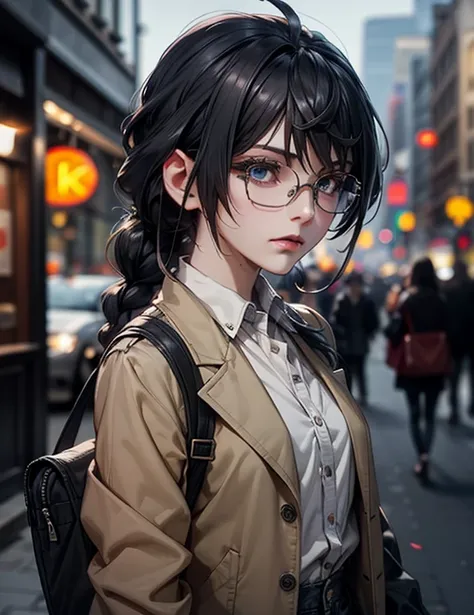 extreamly perfect beautiful anime face,maximum details face, 1girl, braid, glasses, long_hair, black_hair, jacket, shirt, solo, blurry_background, outdoors, blurry, looking_at_viewer, twin_braids, black_eyes, white_shirt, collared_shirt, head_tilt, upper_b...