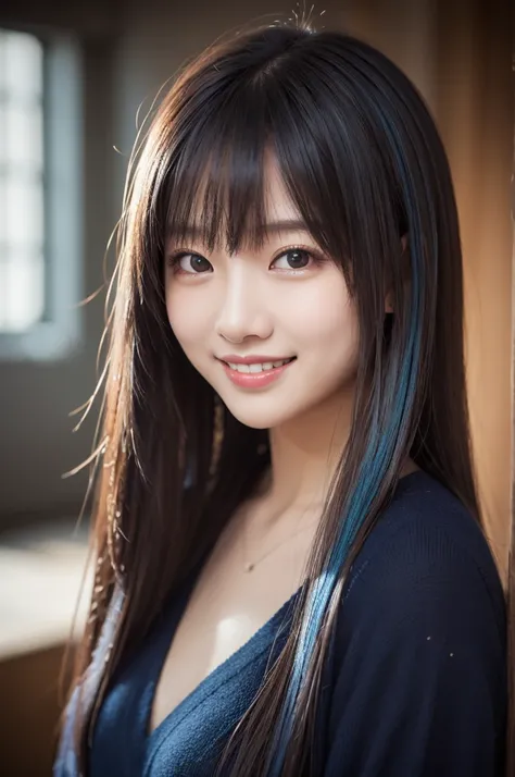 studio shot、Elegant Long Layered Figures Warm Portraits、dark blue hair color、 homely atmosphere 、Soft Highlights、 friendly smile、Attractive lighting、ai model