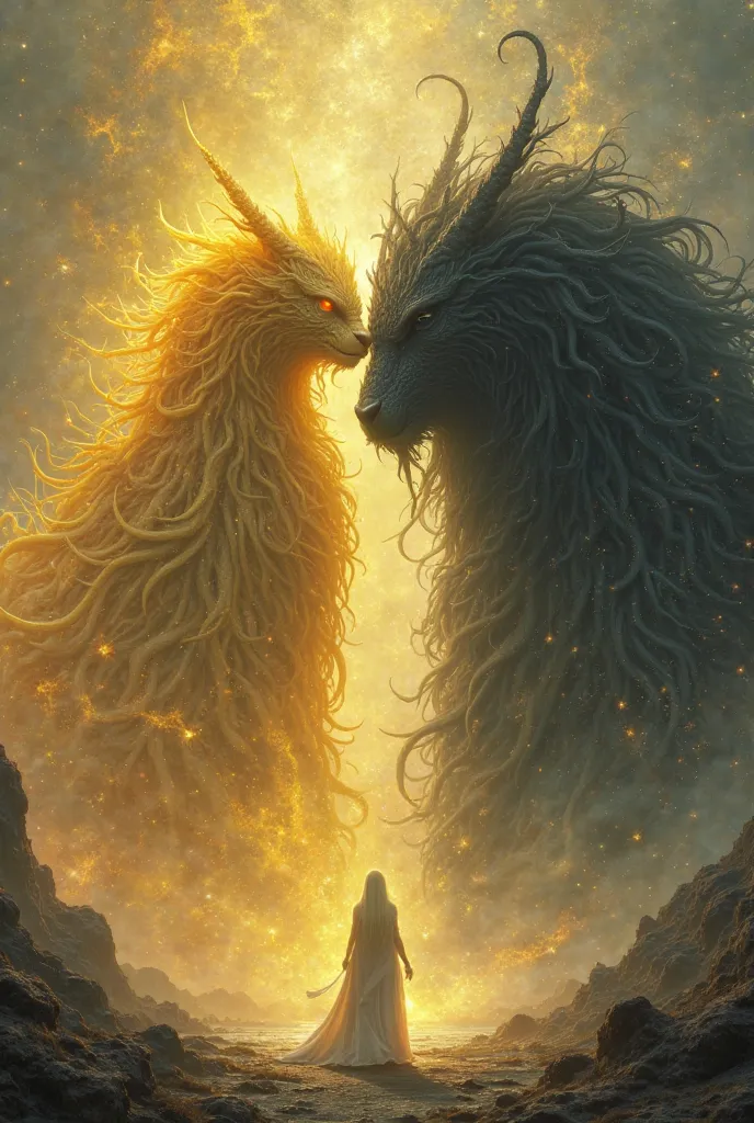 Make me a picture showing the harmony and lights revealed by 2 gigantic creatures similar to yellow and black