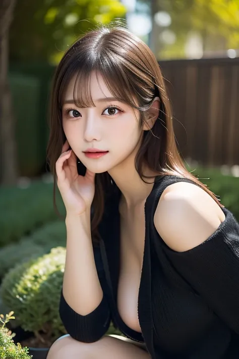 Japanese girl with thick breast and armpit hair、long black hair、black jumper jacket、black miniskirt、light stockings、Black shoes、cool expression、big breasts、light makeup、depicts the whole body